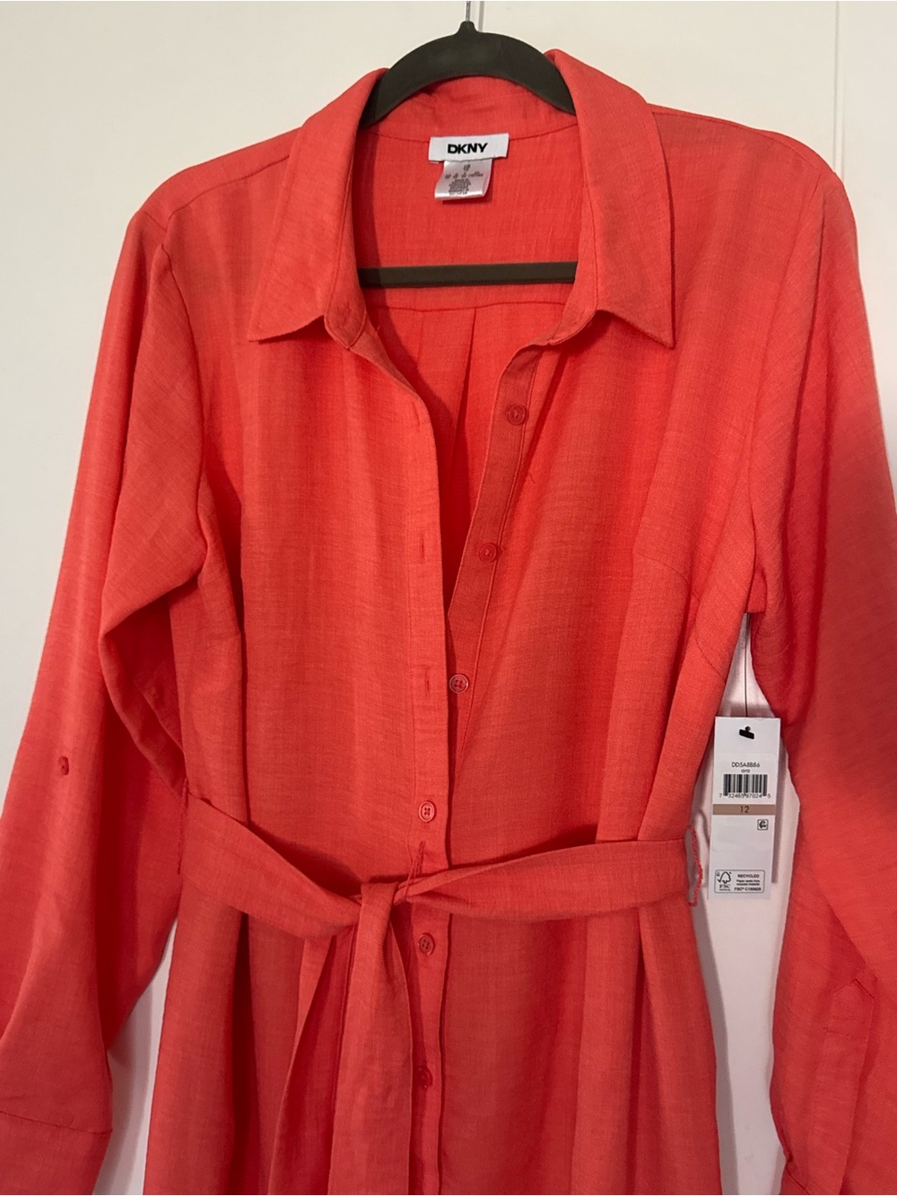 DKNY Coral Button-Front Long Sleeve Shirt Dress - Picture 3 of 8